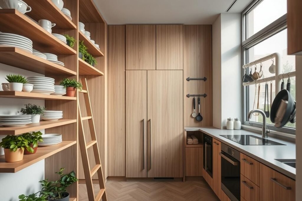 A stylish apartment kitchen featuring innovative floor-to-ceiling storage solutions. In the foreground, showcase sleek wooden shelves filled with dishware and potted herbs, with a contemporary ladder nearby for easy access. In the middle ground, highlight a compact pantry door, blending seamlessly into the cabinetry, accompanied by hanging hooks displaying kitchen utensils. The background reveals a spacious window that allows soft, natural light to illuminate the space, creating a warm and inviting atmosphere. Use a wide-angle lens perspective to enhance the sense of height and space, capturing the essence of vertical storage maximizing the kitchen area. Include muted, modern color tones for a cohesive look, ensuring the image feels functional yet stylish.
