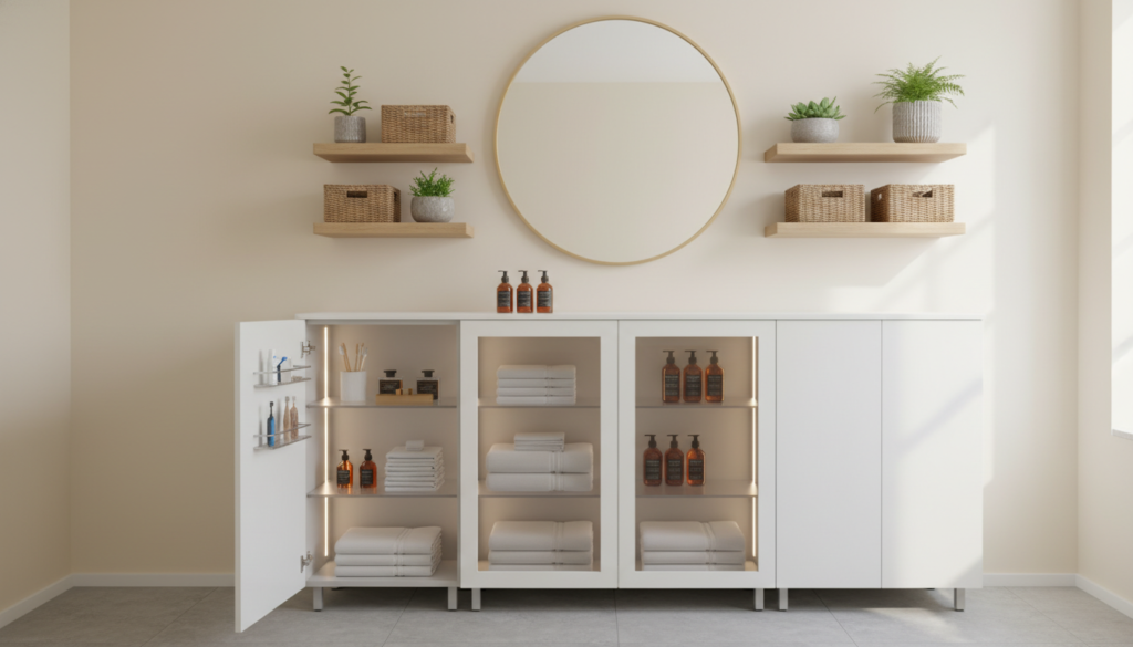 A stylish bathroom closet solution featuring door and wall-mounted storage options. In the foreground, display a sleek, modern cabinet with a glossy finish, containing neatly arranged towels and toiletries. In the middle ground, showcase wall-mounted shelves adorned with decorative baskets and small potted plants, providing an airy feel. The background includes a light, neutral-toned wall reflecting natural warmth and a minimalist mirror framed elegantly above the cabinetry. Soft, diffused lighting bathes the scene, enhancing the cleanliness and inviting ambiance. Capture the image from a slightly elevated angle, emphasizing the vertical lines of the bathroom closet solutions, creating a sense of space and functionality. The overall mood should be fresh, organized, and inspiring, perfect for homeowners seeking elegant storage solutions.