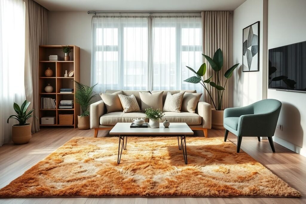 A stylish compact apartment living room showcasing an inviting design with a cozy atmosphere. In the foreground, a plush area rug in warm tones lays beneath a modern coffee table, creating a defined space for relaxation. The middle features a minimalist sofa adorned with soft throw pillows, positioned thoughtfully to maximize comfort and conversation. On one side, a sleek bookshelf holds decorative items and plants, while on the other, a small accent chair adds additional seating. The background reveals a large window with soft, natural light filtering through sheer curtains, illuminating the room. The color palette consists of earthy greens and warm neutrals, enhancing the cozy feel. The overall mood is serene and inviting, perfect for fostering connection in a compact living area.