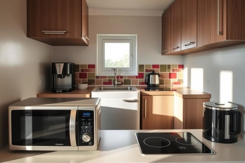 A stylish compact kitchen featuring an array of modern, space-saving appliances. In the foreground, a sleek, multi-functional microwave oven and a small espresso machine sit neatly on a minimalist countertop. The middle ground showcases a compact fridge with clean lines, alongside a space-efficient induction cooktop. Behind these, a charming backsplash with vibrant tiles adds a pop of color. Natural light streams through a small window, casting soft shadows that create a warm and inviting atmosphere. The overall composition highlights efficiency and aesthetic appeal, capturing the essence of maximizing small kitchen spaces. The camera angle is slightly elevated, giving a clear overview of the arrangement while emphasizing the functional elegance of the appliances.