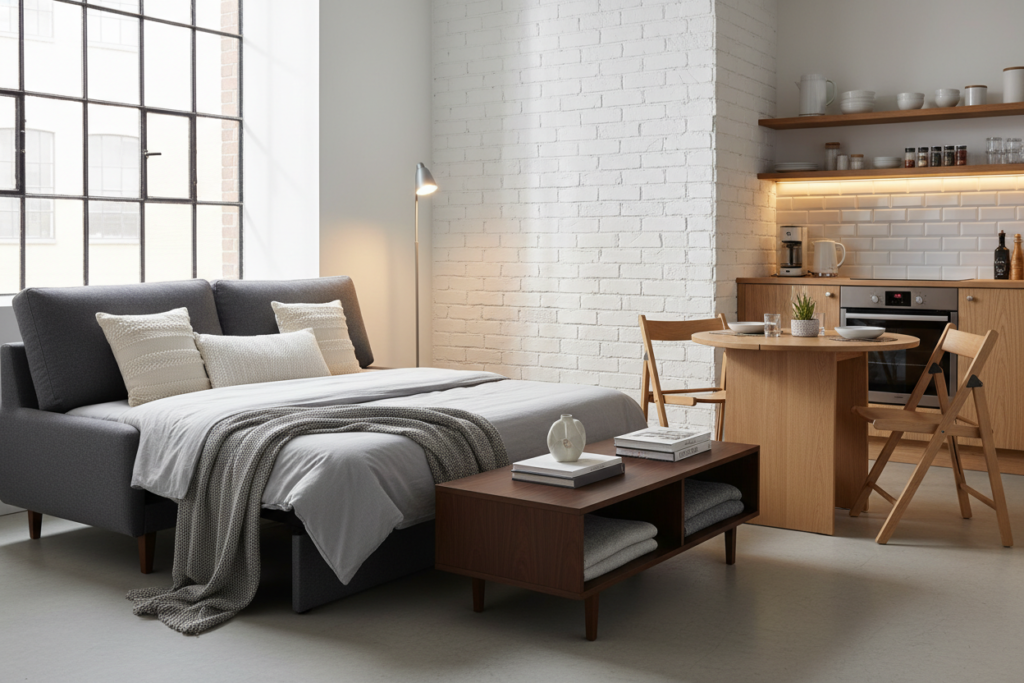 A stylish, compact living space featuring multifunctional furniture that seamlessly blends functionality and aesthetics. In the foreground, a sleek sofa transforms into a bed, adorned with minimalist pillows. A stylish coffee table doubles as a storage unit, with books and decorative items tastefully arranged atop it. In the middle ground, a compact dining table, with foldable chairs, is set against a wall, showcasing its versatility. The background features a small kitchenette with open shelving that reflects modern design trends. Soft, warm lighting fills the room, creating a cozy atmosphere, and large windows allow natural light to flow in, highlighting the furniture’s textures. The perspective captures the essence of smart space utilization while maintaining an inviting feel.
