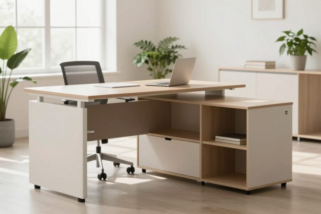 A stylish compact office setup featuring multi-functional furniture designed to maximize productivity. In the foreground, there is a sleek, modular desk that incorporates storage solutions, such as drawers and shelves, seamlessly blending workspace and organization. The middle ground showcases a versatile chair that doubles as a storage unit, emphasizing comfort and functionality. The background features a bright, well-lit space with large windows allowing natural light to pour in, enhancing the sense of openness. Soft, neutral tones combined with pops of greenery from indoor plants create a calming atmosphere. The image is captured from a slight angle to provide depth, with soft, diffused lighting to add warmth and coziness to the scene. The overall mood is modern and inviting, perfect for inspiring productivity in a tiny office space.