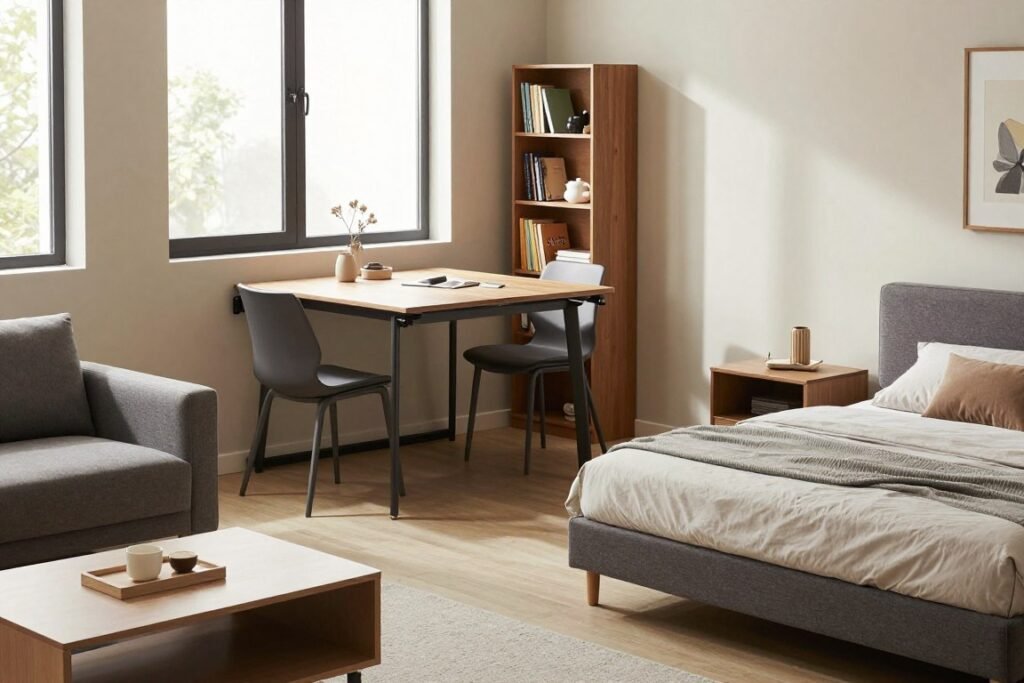 A stylish, compact studio apartment featuring multi-functional furniture. In the foreground, a stylish sofa that transforms into a bed, paired with a sleek coffee table that doubles as a storage unit. The middle of the scene includes a minimalistic dining table that can be collapsed against the wall, with ergonomic chairs that stack neatly. A small bookshelf serves as a room divider, filled with books and decorative items. The background showcases large windows allowing soft, natural light to stream in, casting gentle shadows. The walls are painted in soothing neutral tones, enhancing the cozy atmosphere. The overall mood is modern and inviting, perfect for maximizing small spaces. The image should appear realistic, with a warm and welcoming ambiance, capturing the essence of functional living.