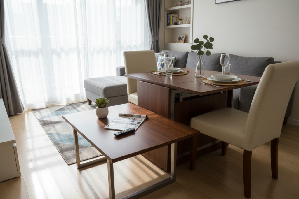 A stylish convertible coffee-to-dining table in a cozy small living space, where the table is elegantly transformed from a sleek coffee table into a spacious dining table. The foreground features the coffee table with a rich wooden finish and minimalist design, adorned with a few decorative items like a small plant and a magazine. In the middle ground, the dining setup showcases two chairs paired with the expanded table, set with a simple yet inviting table setting, highlighting its usability. The background reveals a modern apartment interior with soft natural light streaming through a window, casting gentle shadows, creating a warm and inviting atmosphere. The overall mood is contemporary and functional, perfect for small homes.