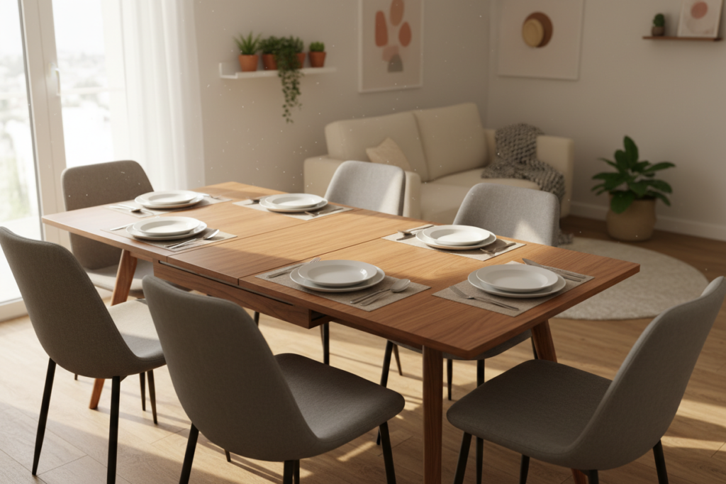 A stylish dining table set in a cozy small home environment, showcasing innovative console-to-dining table transformers. The foreground features a sleek, modern table, elegantly extended to accommodate multiple dining settings, crafted from a warm wood finish. Surrounding the table are contemporary chairs with plush upholstery that blend comfort and style. In the middle background, a thoughtfully designed compact living space reflects minimalist aesthetics, with subtle decor elements like house plants and tasteful tableware. Soft, natural light filters through a window, creating a warm atmosphere, while a shallow depth of field focuses on the dining table, highlighting its versatility. Emphasize the table’s multifunctional design and practical charm, inviting viewers to envision it in their own homes.