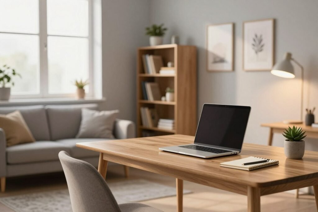 A stylish dual-purpose room that seamlessly blends a home office and a cozy living space. In the foreground, a sleek wooden desk is adorned with a modern laptop, notepad, and a small potted succulent. A comfortable, minimalist chair complements the desk. The middle ground features a compact bookshelf filled with books and decorative items, while a small sofa has soft cushions, inviting relaxation. The background showcases a large window allowing natural light to flood the room, enhancing its airy feel. The walls are painted in a calming soft gray, accented with subtle artwork. Warm, soft lighting from a stylish floor lamp casts a cozy atmosphere as the sun sets, creating an inviting yet productive environment. The overall mood is inspiring and functional.
