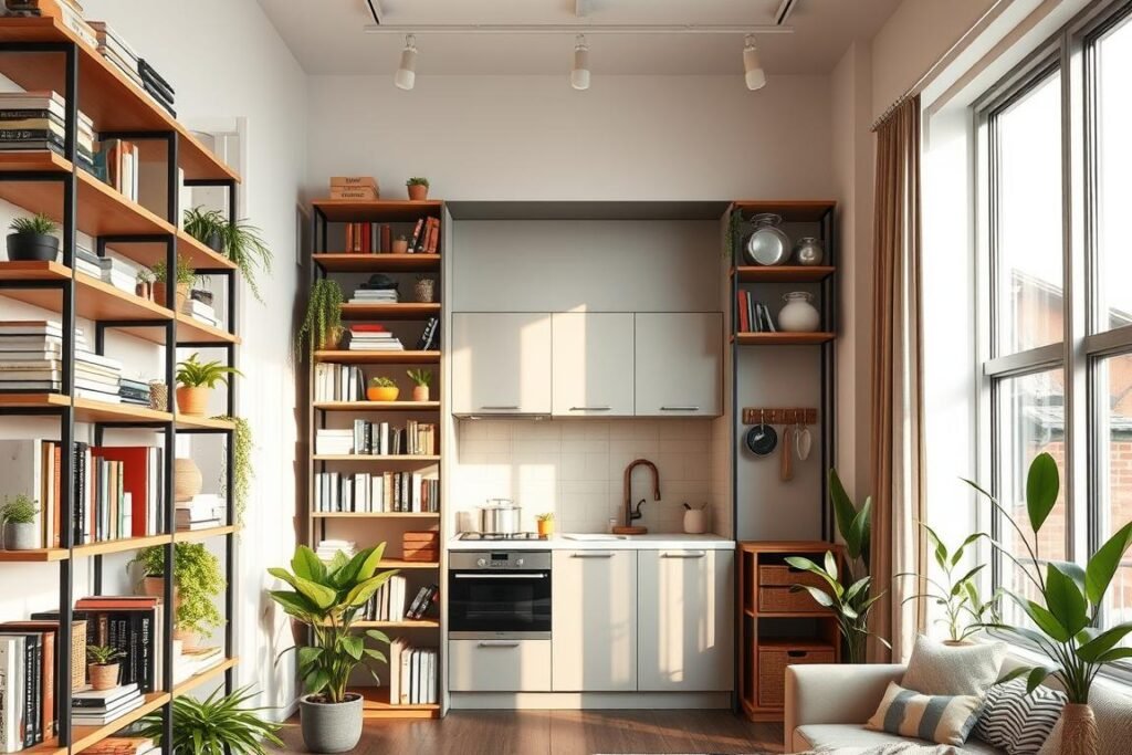 A stylish interior of a small apartment showcasing innovative vertical storage solutions. In the foreground, there are elegant floor-to-ceiling shelves filled with books, plants, and decorative items, emphasizing efficiency and organization. The middle layer features a compact kitchen with overhead cabinets and wall-mounted racks for cookware, maximizing space. In the background, large windows allow soft, natural light to stream in, creating a warm and inviting atmosphere. The color palette consists of soft neutrals with touches of greenery from potted plants, adding life to the space. The scene is captured with a wide-angle lens, providing a sense of openness and practicality, highlighting the smart design for small living areas.