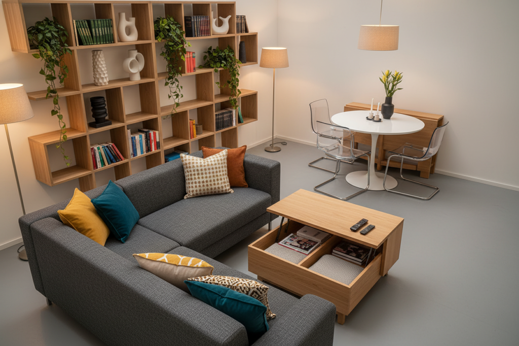 A stylish living room featuring multifunctional furniture that blends seamlessly into a small space. In the foreground, a sleek sofa that transforms into a bed, adorned with vibrant cushions. Next to it, a coffee table that opens up to reveal storage compartments. In the middle, a dining table that folds away when not in use, surrounded by chairs that can stack neatly. The background showcases modular shelving with plants and decorative items, creating a cozy atmosphere. Soft, warm lighting highlights the textures of the furniture, casting gentle shadows. The angle captures the entire room, emphasizing how the furniture maximizes space. The mood is inviting and practical, showcasing smart design.