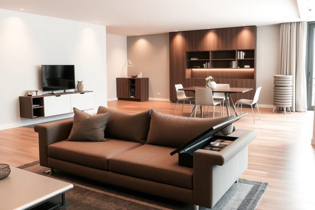 A stylish living room scene featuring innovative space-saving furniture solutions. In the foreground, a modern sofa with built-in storage compartments, inviting yet functional. To the side, a sleek coffee table that opens up to reveal hidden shelving. In the middle, a versatile dining table that can be extended or folded down, surrounded by minimalist chairs that stack for easy storage. The background showcases a small bookshelf integrated into the wall, displaying decorative items and books, while subtle recessed lighting emphasizes the furniture. The atmosphere is bright and airy, with warm, natural light streaming through a window, creating a cozy yet efficient space that maximizes functionality in a small condo.