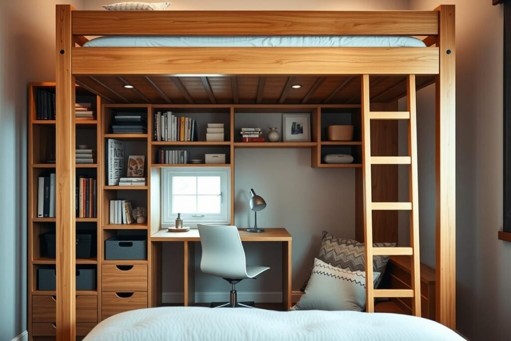 A stylish loft bed configuration designed for maximizing storage in a small room. The foreground features a sturdy wooden loft bed with a clean, modern design, elevated to allow ample space beneath. The middle section showcases built-in shelves filled with books, decorative items, and storage bins, creating an organized yet cozy feel. A desk area with a sleek chair is positioned under the bed, highlighting an efficient use of space. The background includes a small window with soft natural light filtering in, illuminating the warm tones of the wood and soft textiles like cushions and a comforter. The atmosphere is inviting and functional, perfect for a young adult's room, with a sense of tranquility and order. The scene is captured from a slightly elevated angle to emphasize the loft bed’s height and the smart storage solutions underneath.