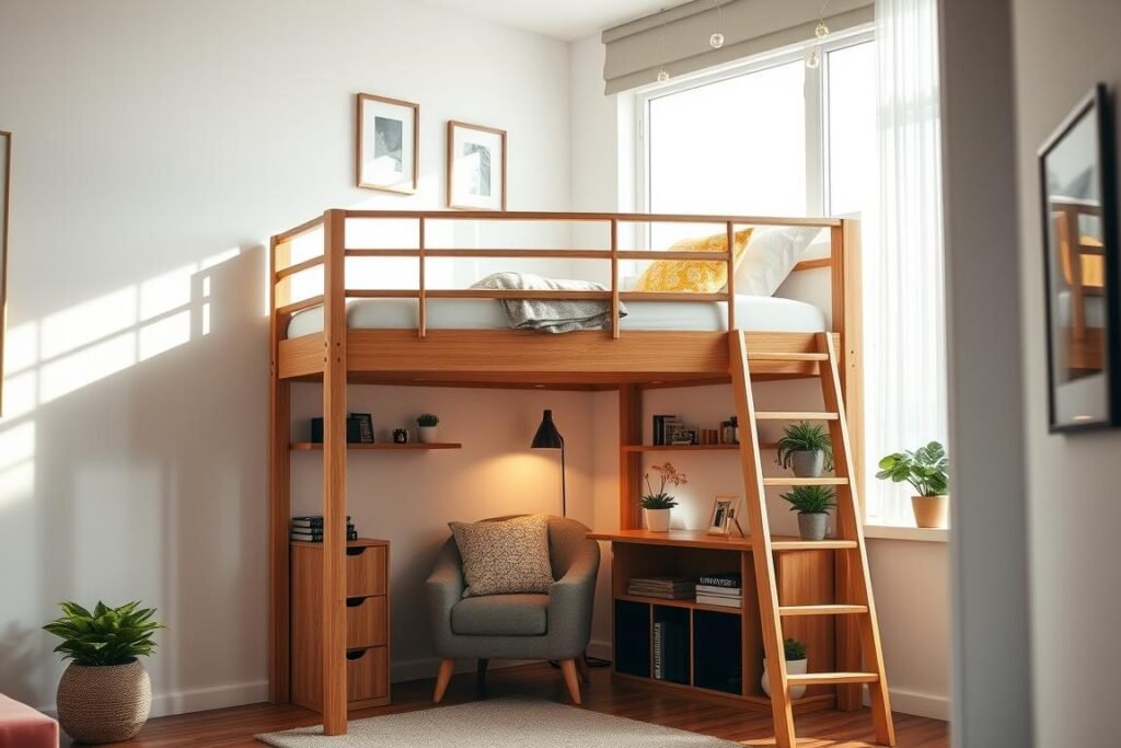 A stylish loft bed design in a modern small room, showcasing a space-saving solution. The foreground features a sleek wooden loft bed with a built-in desk and shelving underneath, demonstrating a multifunctional setup for teenagers and college students. The middle layer includes a cozy reading nook with a small armchair and colorful cushions, adorned with potted plants for added warmth. The background displays soft, natural lighting filtering through a large window, creating a bright and inviting atmosphere. Accent decorations like framed artwork and string lights enhance the overall ambiance, while the angle is slightly offset to capture the loft bed's height and the room's layout. Emphasize a contemporary and practical feel, highlighting smart storage solutions and an organized yet vibrant living space.