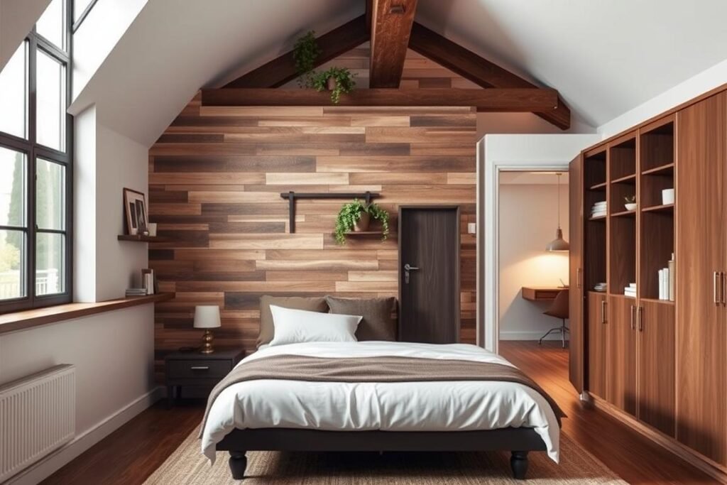 A stylish loft bedroom featuring clever hidden storage solutions, ideal for maximizing small space living. In the foreground, a cozy bed with a minimalist design sits against a reclaimed wood wall, beneath a large window streaming natural light. On either side, built-in shelves subtly blend with the wall, showcasing decorative elements and providing discreet storage. The middle ground reveals a compact desk area with a vintage chair, where storage compartments are ingeniously integrated. In the background, an open space with soft, warm lighting creates an inviting atmosphere, highlighting a ceiling beam adorned with plants. The entire scene captures a blend of industrial and modern aesthetics, with a focus on functionality and comfort, creating an inspiring loft bedroom ambiance.