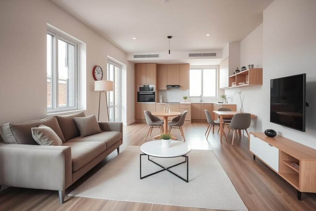 A stylish minimalist condo interior featuring a compact living space that maximizes functionality and aesthetics. In the foreground, a sleek, modern sofa upholstered in a muted tone, paired with a simple coffee table with clean lines. In the middle ground, a small dining area with a light wood table and minimalistic chairs, complemented by subtle decorative elements like a single vase with greenery. The background highlights a well-organized kitchen with integrated appliances and open shelving, all bathed in soft natural light coming from large windows. The overall atmosphere is calm and inviting, accentuating the concept of living large in small spaces. Use a wide-angle lens to capture the room's depth and create a bright, airy ambiance.