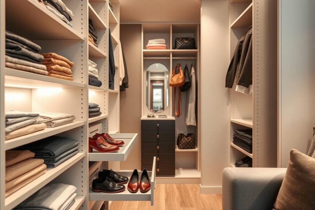 A stylish, modern closet organization system in a small apartment setting. In the foreground, neatly arranged shelves hold folded clothes, with dividers separating different categories. A pull-out shoe rack displays an assortment of shoes for easy access. In the middle ground, a smart organization wall features hooks for bags and accessories, alongside a compact mirror. The background showcases a sleek design with soft, ambient lighting that highlights the spaciousness of the closet, reflecting smart use of vertical space. The mood is bright and inviting, emphasizing the efficiency and tidiness of small living areas. Capture this scene from a slightly elevated angle to convey depth and functionality.