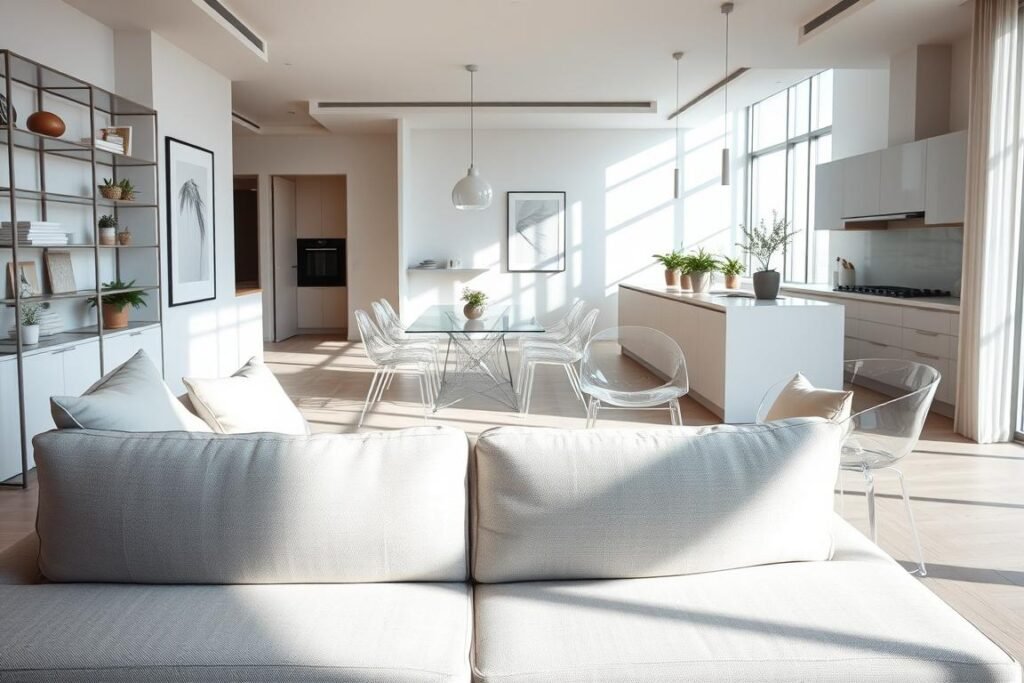 A stylish modern condo interior featuring transparent furniture like acrylic chairs, a glass dining table, and minimalist shelving. The foreground displays a living area with a plush light gray sofa adorned with neutral cushions. In the middle, the transparent furniture creates a sense of spaciousness, complemented by an airy layout. Natural light floods in through large windows, casting gentle shadows and enhancing the open feel. The background showcases a simple yet elegant kitchen with sleek cabinetry and potted greenery on the countertop. The overall atmosphere is serene and uncluttered, emphasizing the principles of modern minimalist design and an airy, inviting ambiance. The scene is captured in a wide-angle shot with soft, diffused lighting, highlighting textures and transparency.