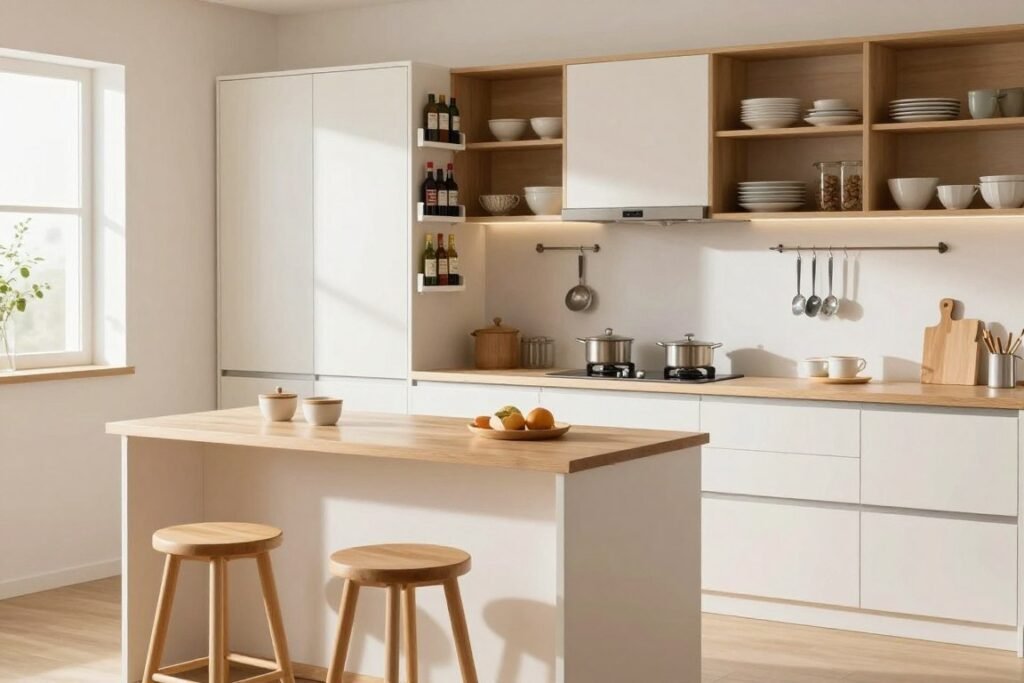 A stylish, modern kitchen designed for maximum space-saving, featuring innovative storage solutions. In the foreground, a compact kitchen island with built-in shelves and stools adds functionality. The middle ground showcases vertical storage options like wall-mounted spice racks, hanging pots, and magnetic knife strips. The background includes open shelving with neatly organized dishware, emphasizing a clutter-free environment. Soft, natural lighting filters through a small window, casting gentle shadows and creating a warm, inviting atmosphere. A well-coordinated color palette of soft whites and light wood tones enhances the feeling of openness and efficiency. The overall composition highlights creative and realistic space-saving techniques ideal for tiny apartments.
