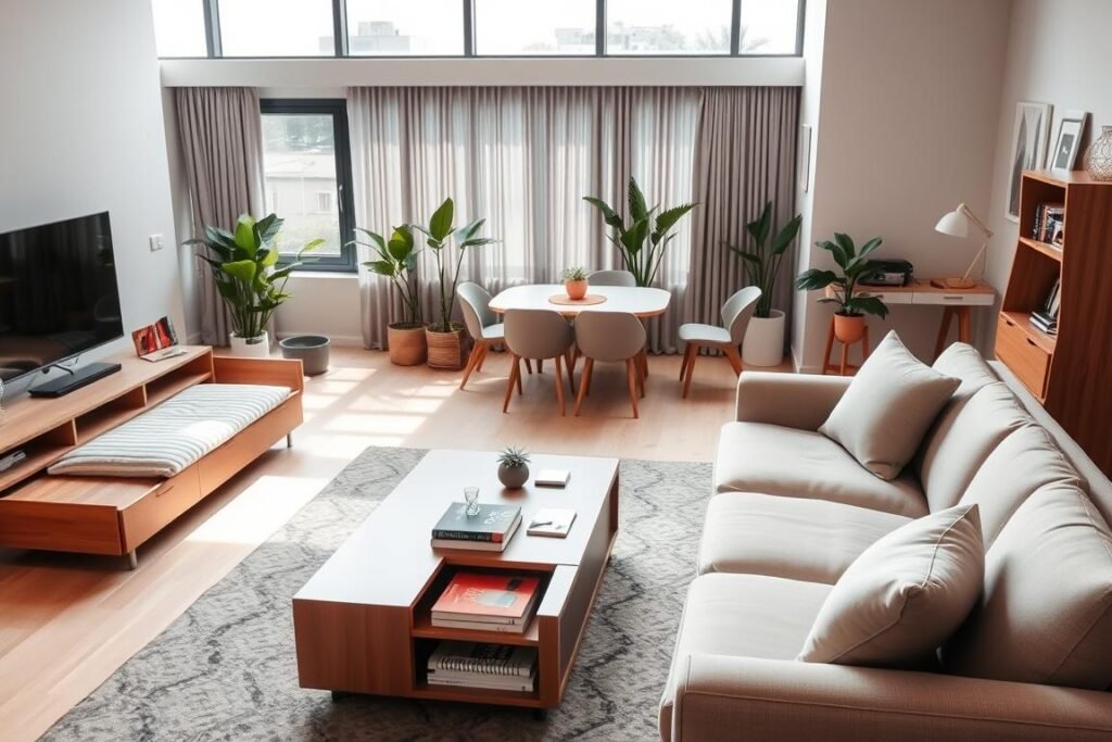 A stylish, modern living room showcasing multi-functional furniture designed for small apartments. In the foreground, a sleek sofa that converts into a bed, with storage compartments for pillows and blankets. Adjacent, a minimalist coffee table with hidden shelves for books and magazines. In the middle, a compact dining table that folds out with chairs attached, enhancing functionality. The background features a bright window with natural light pouring in, highlighting indoor plants for a fresh atmosphere. Use a warm color palette to evoke comfort, and shoot from a slightly elevated angle to capture the entire layout. The overall mood is inviting and efficient, demonstrating smart design choices for maximizing space in an urban setting.