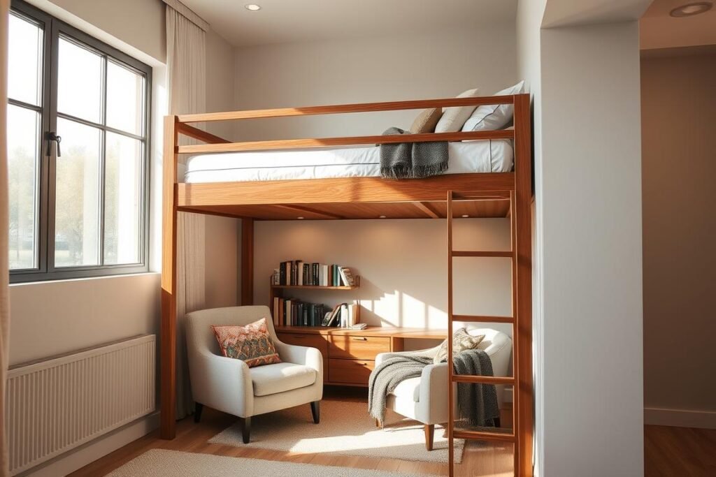 A stylish modern loft bed designed for small spaces, featuring a sleek frame in a warm wood finish. The loft bed is positioned in a compact room, showcasing a cozy reading nook beneath, with a plush armchair and a small bookshelf filled with books. The walls are painted in soft neutral tones, creating a serene atmosphere. In the background, a large window allows natural light to filter in, casting soft shadows across the room. The bedding is a sophisticated mix of textures, with crisp white linens and an accent throw blanket. The scene captures a perfect blend of functionality and contemporary design, emphasizing space efficiency while maintaining elegance. The perspective is from the corner of the room, highlighting both the loft bed and the inviting lower area, with warm ambient lighting enhancing the overall inviting mood.