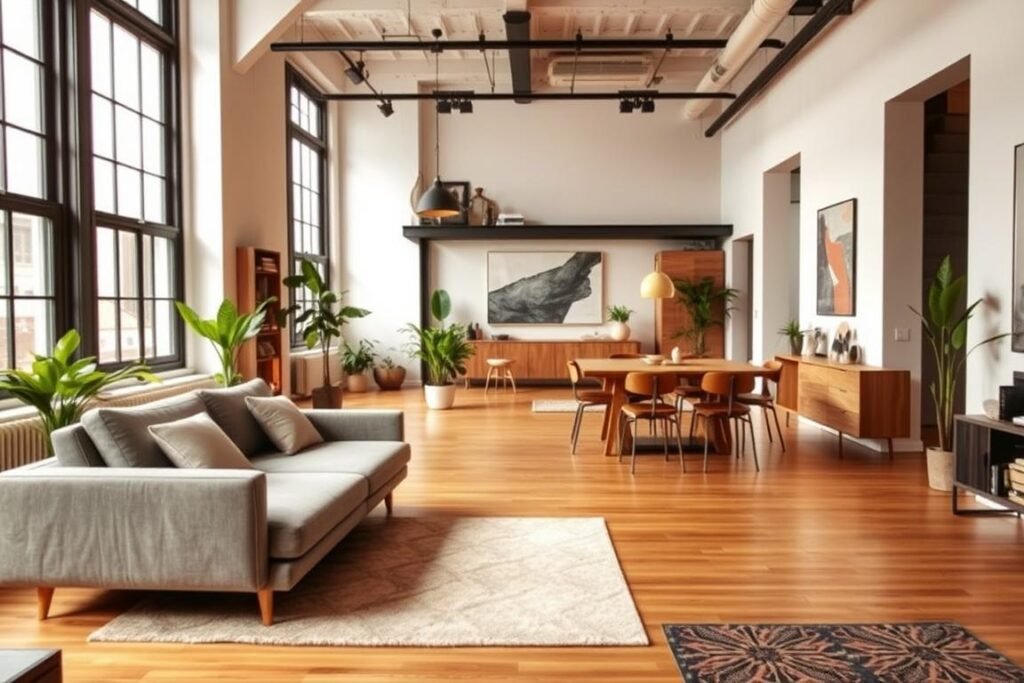 A stylish modern loft showcasing multi-functional furniture pieces designed to optimize small living spaces. In the foreground, a sleek convertible sofa bed, arranged easily for lounging or sleeping. The middle ground features a dining table that folds out, surrounded by vibrant green plants and minimalist decor. In the background, large industrial-style windows let in ample natural light, illuminating the warm wooden floors and white walls adorned with abstract art. The atmosphere is inviting and contemporary, with soft ambient lighting creating a cozy vibe. Capture this scene from a slightly elevated angle to highlight the open layout and depth of the room, emphasizing the versatility of the furnishings without human presence.