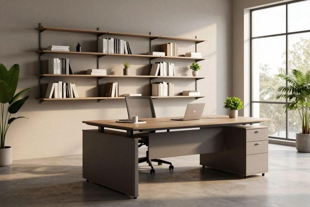 A stylish, modern office space showcasing innovative space-saving solutions. In the foreground, a sleek, multi-functional desk with built-in storage compartments and a foldable design. The middle ground features wall-mounted shelves filled with organized books and decorative items, maximizing vertical space. A compact, ergonomic chair complements the desk, designed for comfort without taking up much room. In the background, a large window allows natural light to flood in, casting soft, warm shadows that enhance the inviting atmosphere. The overall color palette consists of calming, neutral tones with pops of greenery from potted plants. The scene is well-lit with a soft, diffused glow, evoking a sense of productivity and tranquility in a minimalist workspace, photographed from an angle that captures the depth and functionality of the space.