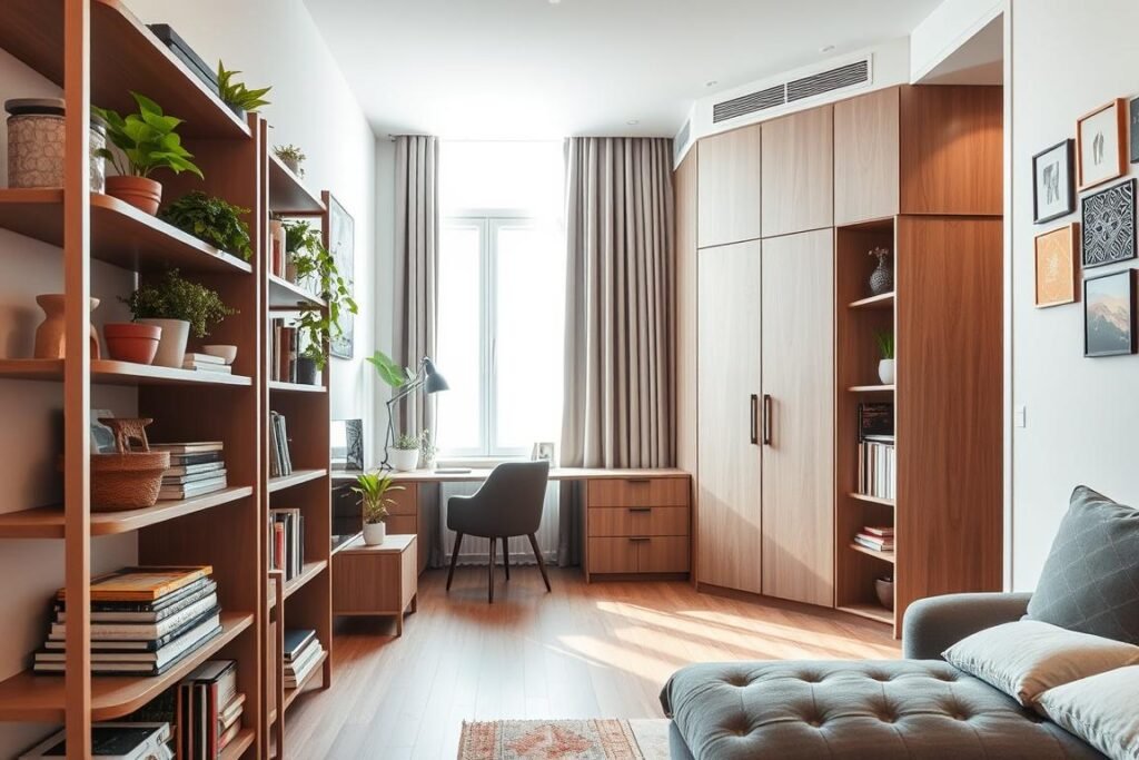 A stylish, modern small apartment interior showcasing innovative vertical storage solutions. In the foreground, a sleek bookshelf filled with plants, books, and decorative items utilizing wall-mounted shelving. The middle section features a multifunctional furniture piece that combines a desk and storage space, maximizing usability in a compact area. In the background, tall cabinets with sliding doors and artistic wall hangings highlighting the use of vertical space. Soft, natural lighting floods the room through a large window, creating a warm and inviting atmosphere. The angle captures depth and an organized, clutter-free environment, emphasizing the theme of effective space management.