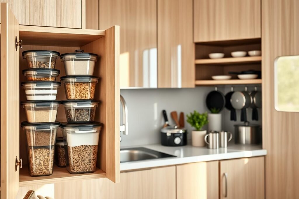 A stylish, modern small kitchen showcasing efficient use of cabinet space with clever organizers. In the foreground, an open cabinet filled with stackable clear containers holding spices and grains, alongside adjustable shelf dividers for pots and pans. The middle features a well-organized countertop with a compact, multifunctional kitchen tool and a small plant for a touch of greenery. In the background, light wooden cabinets reflect natural light that streams through a window, enhancing the airy feel. The kitchen is designed in a warm neutral palette, creating a cozy, inviting atmosphere. The angle captures the kitchen from a slight overhead perspective, showcasing the efficient layout and maximizing every inch. Soft, diffused lighting highlights the organization, making the space feel functional yet stylish.