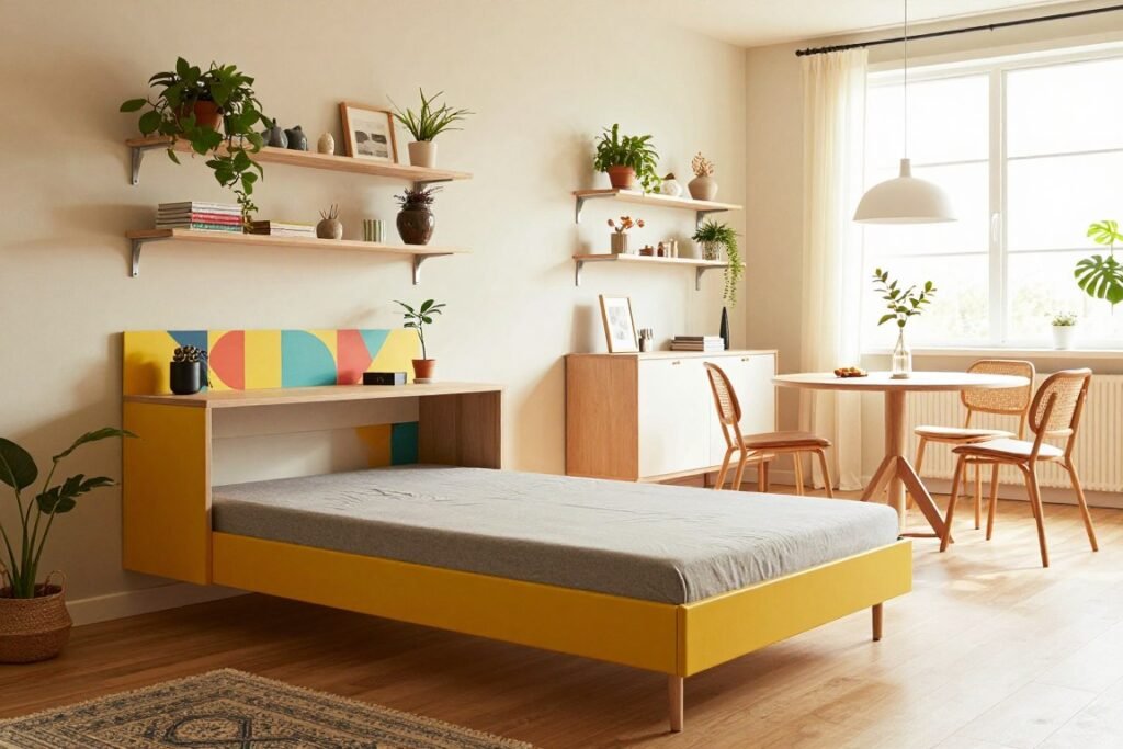 A stylish, modern studio apartment designed to maximize space, showcasing clever space-saving decor. In the foreground, a compact, multifunctional furniture piece—like a sofa bed or wall-mounted desk—features vibrant, cheerful colors and a geometric pattern that creates an illusion of expansion. The middle ground displays smart storage solutions, like floating shelves filled with plants and decor items, and a small dining area with a round table that invites social interaction. In the background, large windows allow natural light to stream in, brightening the space and emphasizing a warm ambiance. The scene is well-composed with soft, diffused lighting, a slight angle that captures depth, and a clean, minimalist aesthetic, evoking a cozy yet open feel.