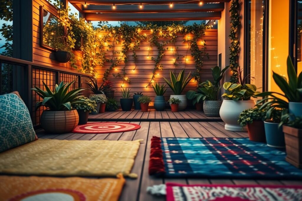A stylish outdoor balcony showcasing innovative flooring ideas for small spaces. In the foreground, a variety of outdoor rugs in bright colors and textures, enhancing the inviting atmosphere. The middle ground features a wooden deck with sleek tiles, interspersed with potted plants, creating a lush, vibrant appeal. In the background, a low wall adorned with climbing vines and fairy lights twinkles under soft evening glow, casting warm, inviting shadows. The perspective is at a 45-degree angle, capturing the entire balcony layout and details. The overall mood is cozy and cheerful, perfect for outdoor relaxation. Utilizes warm, natural lighting to enhance colors and textures, emphasizing comfort and style in small balcony design.