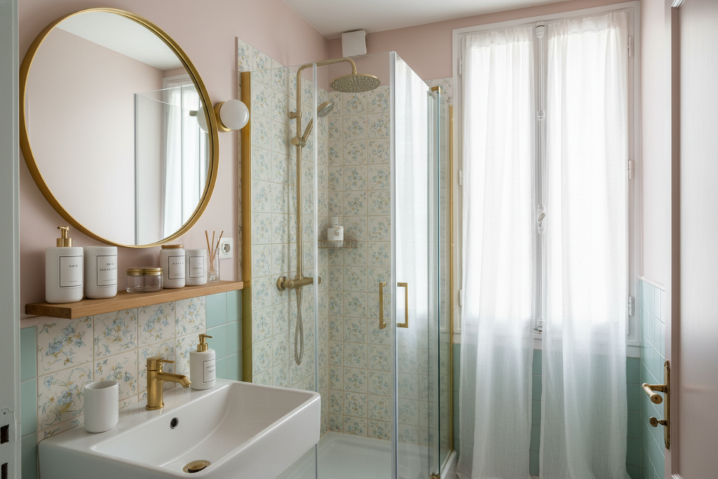 A stylish petite bathroom designed for a small Parisian apartment, featuring innovative space-saving solutions. In the foreground, a compact freestanding sink with sleek, modern lines is accompanied by an elegant wall-mounted mirror. The middle section showcases a cleverly designed shower nook with transparent glass panels, surrounded by chic tiles with delicate patterns. A floating shelf above the sink holds neatly arranged toiletries in minimalist containers, adding a touch of sophistication. The background includes a small window framed by sheer curtains, allowing soft, natural light to stream in, creating a warm and inviting atmosphere. The color palette is soft pastels with accents of gold, emphasizing the Parisian elegance. The mood is serene and stylish, reflecting the allure of modern urban living while maximizing space.