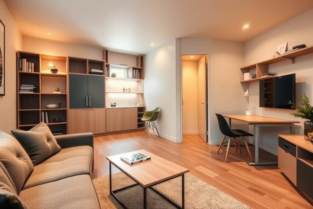 A stylish small apartment featuring multifunctional furniture designed for maximizing space. In the foreground, a clever sofa that converts into a bed, paired with a sleek coffee table that transforms into a dining table. In the middle ground, a compact bookshelf that doubles as a workspace, with a minimalist desk and chair tucked neatly beside it. The background shows a wall-mounted folding table and integrated storage solutions blending seamlessly with the decor. The lighting is warm and inviting, creating a cozy atmosphere, with soft natural light filtering through a window. The scene is captured from a wide-angle perspective, emphasizing the layout and smart design choices that promote efficient living in a compact environment.