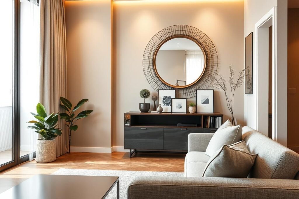 A stylish small apartment interior design emphasizing the strategic use of mirrors to create a sense of depth and space. In the foreground, a sleek, modern living area with a minimalist sofa and a coffee table. The middle ground showcases a large, decorative mirror reflecting light and opening up the room, positioned above a console table adorned with small plants and contemporary artwork. The background includes a window with soft, natural light streaming in, illuminating the warm, neutral color palette of the walls and flooring. The atmosphere conveys lightness and modern elegance, with a focus on creating a harmonious and spacious feel. Use soft, diffused lighting to enhance the welcoming environment, capturing a sense of tranquility and functionality in small-space living.