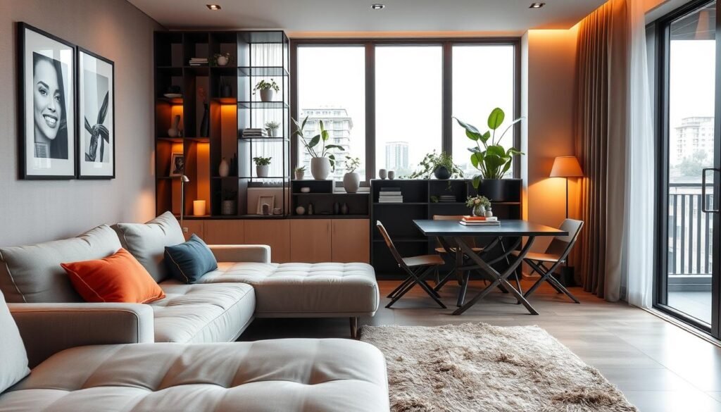 A stylish small apartment interior featuring multi-functional furniture designed for saving space. In the foreground, a sleek, convertible sofa bed with soft cushions, adorned with colorful throw pillows. Adjacent to it, a compact dining table that folds up against the wall, accompanied by elegant folding chairs. The middle ground showcases a stylish shelving unit that doubles as a room divider, with plants and decorative items. In the background, large windows allow natural light to flood the space, creating a warm and inviting atmosphere. Soft, warm lighting illuminates the scene, with a cozy rug underfoot. The overall mood is chic and modern, perfect for a small living area that exudes comfort and functionality.