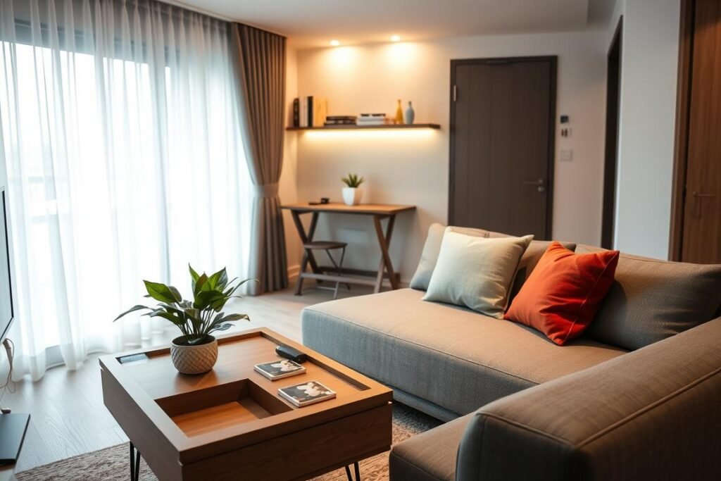 A stylish small apartment interior featuring multi-functional furniture that maximizes space. In the foreground, a sleek, modern sofa that converts into a bed, adorned with colorful throw pillows. Beside it, a compact coffee table with hidden storage compartments, topped with a fresh plant and a stack of coasters. In the middle ground, a folding dining table with two chairs serves as a workspace, illuminated by warm, ambient lighting. A wall-mounted shelf with books and decorative items adds to the charm. The background showcases a bright window with sheer curtains, allowing natural light to flood the room. The atmosphere is cozy and inviting, suggesting an efficient use of limited space, with a stylish and modern aesthetic. The angle captures the essence of a well-designed small living area.