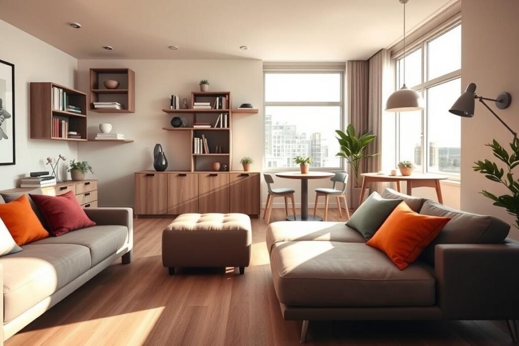 A stylish small apartment interior featuring space-saving, multi-functional furniture. In the foreground, a sleek sofa bed with vibrant cushions, transitioning smoothly into a compact dining table and chairs, all designed for optimal space efficiency. The middle layer showcases an innovative storage ottoman and wall-mounted shelves holding books and decor items, creating a sense of organization. In the background, large windows flood the room with natural light, highlighting minimalist decor and neutral color tones that enhance the feeling of openness. The atmosphere is warm and inviting, designed to inspire a cozy yet modern living space. Soft shadows from the afternoon sun add depth and realism to the scene. The viewpoint is from a slight angle to capture the full layout, emphasizing functionality and style in a compact area.