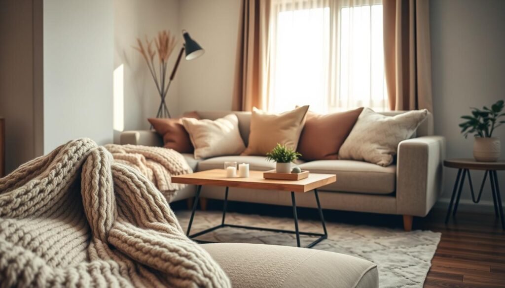 A stylish small apartment interior showcasing cozy ambiance through the use of layered soft textures. In the foreground, a plush, oversized knitted throw blanket draped over a contemporary, low-profile sofa adorned with a variety of textured cushions in muted earth tones. In the middle, a wooden coffee table topped with a decorative tray featuring scented candles and a small plant, complemented by a soft area rug beneath. The background reveals a well-lit window with sheer curtains, allowing natural light to stream in, casting a warm glow across the room. Soft shadows enhance the cozy atmosphere, creating an inviting, serene feeling that invites relaxation. Capture the scene from a slightly elevated angle to emphasize the depth and layering of textures throughout the space.