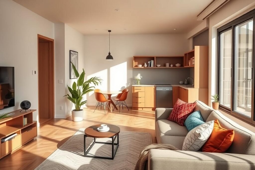 A stylish small apartment interior showcasing effective space organization and defined zones. In the foreground, a cozy living area features a compact sofa adorned with colorful cushions, a small coffee table, and a modern bookshelf divided by decorative plants. The middle section displays a minimalist dining corner with a round table and stylish chairs, seamlessly integrated into the space. In the background, a kitchenette with open shelving and neatly arranged kitchenware creates an inviting atmosphere. Natural light streams in through large windows, casting soft shadows and enhancing the colors. The mood is warm and inviting, emphasizing a functional yet aesthetic design, highlighting clever organization techniques that maximize space while maintaining an open feel.