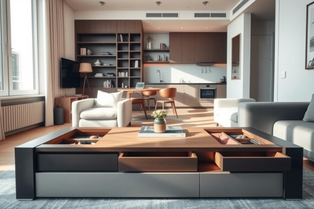 A stylish small apartment interior showcasing innovative hidden storage solutions. In the foreground, a sleek, multifunctional coffee table with built-in drawers and hidden compartments, surrounded by minimalist furniture. The middle ground features an intelligently designed wall unit with floating shelves, utilizing vertical space efficiently, and a cozy reading nook with a hidden bookshelf. The background reveals a compact kitchen with cleverly concealed cabinets and under-sink storage. Soft, natural light spills in from a large window, casting gentle shadows that enhance the space's warmth and comfort. This image reflects a harmonious blend of functionality and elegance, creating an atmosphere of organized serenity ideal for clutter-free living.