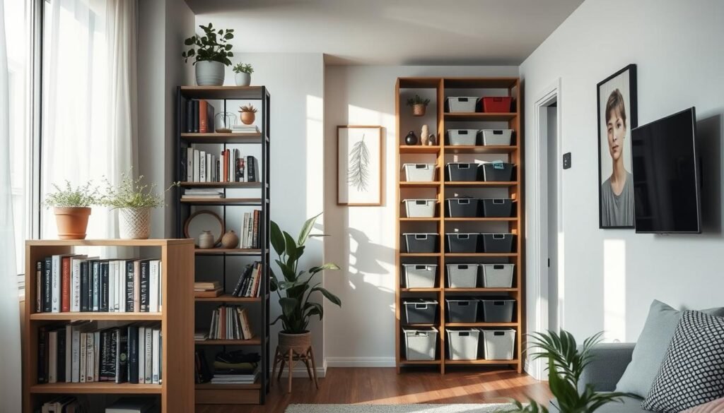 A stylish small apartment interior showcasing inventive vertical storage solutions. In the foreground, a modern bookshelf arranged with books, plants, and decorative items, seamlessly integrating into the space. The middle area features a narrow, multi-tiered shelving unit filled with bins for organization, displaying a harmonious mix of colors and materials. In the background, light streams in from a large window, highlighting the minimalist decor and accent wall with subtle artwork. Soft, natural lighting creates a cozy atmosphere, enhancing the textures of wood and fabric. The composition emphasizes space efficiency while maintaining an inviting, chic aesthetic, ideal for a contemporary urban dwelling. The scene is viewed from a slightly elevated angle, capturing depth and inviting exploration.
