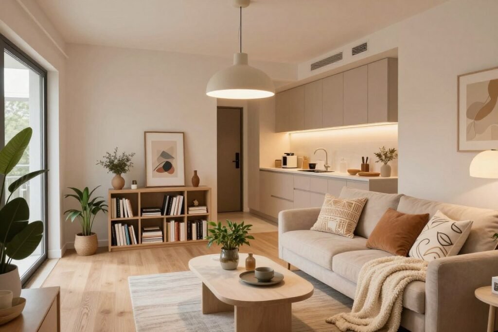 A stylish small apartment interior showcasing layered lighting techniques for an inviting atmosphere. In the foreground, a cozy living area features a plush sofa adorned with decorative throw pillows and a soft, textured blanket. The middle section highlights a unique coffee table with plants and artful decor pieces, alongside a sleek bookshelf filled with books and framed artwork. The background reveals a well-lit kitchen area with minimalist cabinets, accented by under-cabinet lighting that creates warmth. Soft pendant lights hang strategically, illuminating different zones and enhancing depth. The overall color palette is a blend of warm neutrals and soft pastels, evoking a modern, inviting allure. Capture this scene from a slightly elevated angle, with natural light filtering through a window, creating a warm, welcoming ambiance.