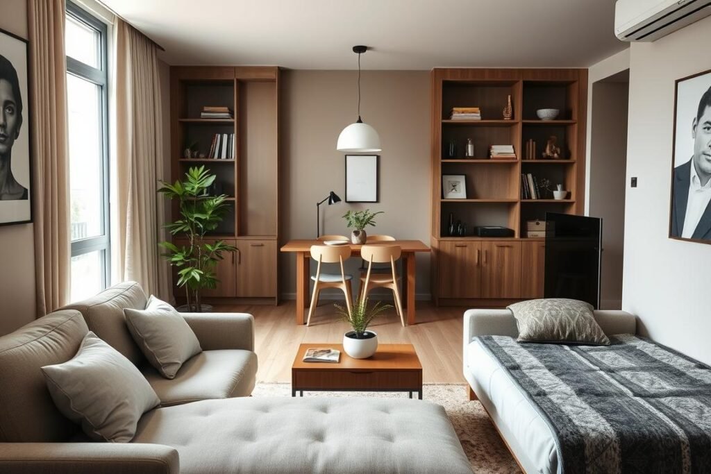 A stylish small apartment interior showcasing multifunctional furniture. In the foreground, a sleek, modern sofa bed that seamlessly transitions from a couch to a bed, with soft throw pillows. A compact coffee table with built-in storage is centered, complemented by a vibrant indoor plant. In the middle, a dining table that folds down, surrounded by minimalist chairs that tuck away neatly. The background features open shelving with decorative books and unique decor items, accented by a large window allowing natural light to flood the space. Soft, diffused lighting enhances the cozy atmosphere, while a warm, inviting color palette of earthy tones and subtle textures creates a harmonious feel.