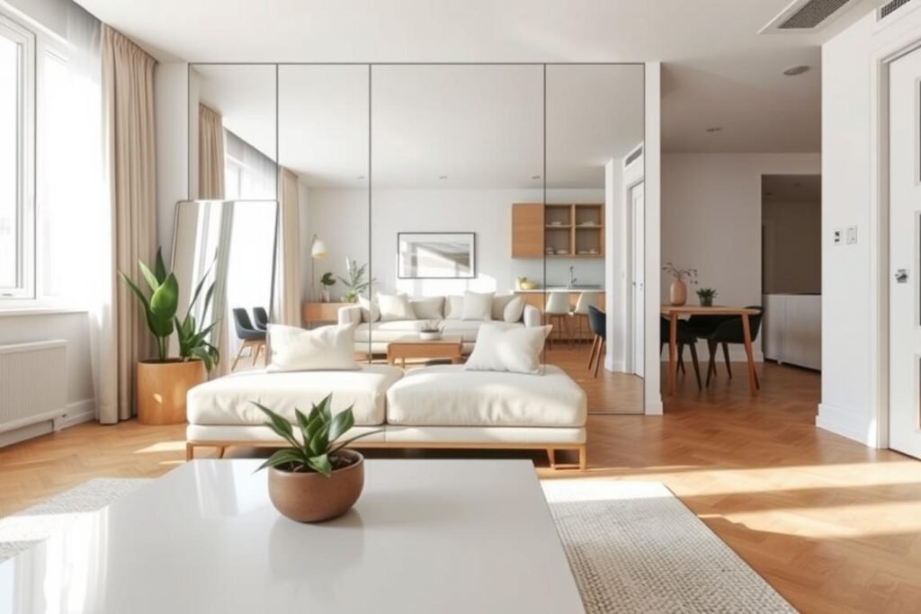 A stylish small apartment interior showcasing the effective use of mirrors to create an illusion of expanded space. In the foreground, a sleek, modern coffee table with a decorative plant sits atop a textured rug. In the middle, a large, floor-to-ceiling mirror reflects a cozy seating area with minimalist furniture, highlighting the smart arrangement of light, neutral colors. The background features an open kitchen area with bright, natural light streaming in through a large window, enhancing the airy atmosphere. Soft, diffused lighting casts gentle shadows, creating an inviting ambiance. Use a wide-angle lens perspective to emphasize the depth and strategic placement of mirrors, capturing a sense of openness without overcrowding the scene. The overall mood should feel calm and spacious, perfect for illustrating the benefits of mirror usage in small living spaces.