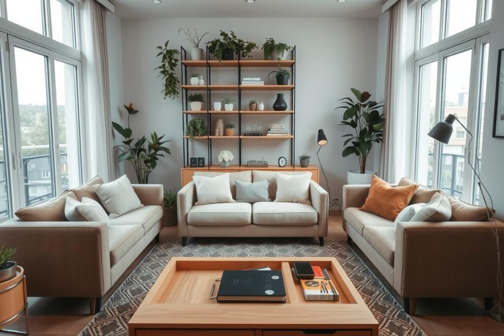 A stylish, small apartment living room showcasing innovative space-saving solutions. In the foreground, a multifunctional coffee table with built-in storage, surrounded by compact seating that can be easily rearranged. In the middle, a wall-mounted shelving unit filled with plants and decorative items, optimizing vertical space. To the background, large windows allow natural light to flood the room, highlighting a cozy, inviting atmosphere. The color palette features soft neutrals with pops of color from cushions and decor. The mood is warm and inviting, emphasizing smart organization. The scene captures a sense of practicality and style, demonstrating how to maximize a small living area effectively. The lighting is soft and diffused, creating a comfortable ambiance without harsh shadows.