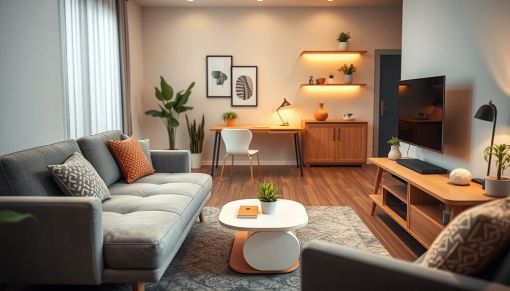 A stylish small apartment living room showcasing multi-functional furniture designed to maximize space. In the foreground, a sleek convertible sofa that transforms into a bed, paired with an innovative coffee table that doubles as storage. In the middle, a compact working desk with integrated shelving, harmonizing with cozy, vibrant decor elements like indoor plants and textured throw pillows. The background features an accent wall with artwork and shelves, subtly illuminated by warm, ambient lighting. Use a shallow depth of field to draw attention to the furniture while maintaining a soft focus on the background. Capture a serene, inviting atmosphere that emphasizes practicality and modern design. The scene should reflect a well-organized, efficient living space, conveying a sense of comfort and creativity.