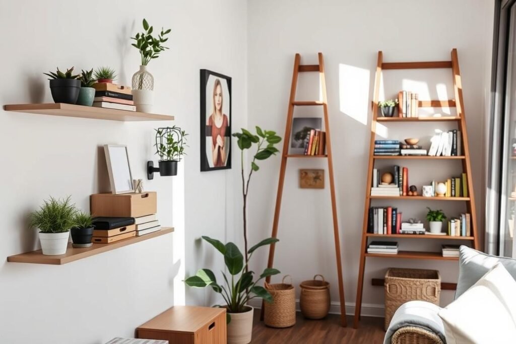 A stylish small apartment living space featuring innovative vertical storage solutions. In the foreground, a sleek wall-mounted shelving unit adorned with potted plants and decorative boxes, showcasing an organized yet stylish display. The middle section highlights a multifunctional ladder shelf, artfully combining storage and aesthetic appeal, filled with books and colorful accessories. In the background, a cozy nook with a woven basket underneath, adding warmth to the scene. Natural light filters in through a window, casting soft shadows, with a focus on textures like wood and fabric. The overall mood is modern and inviting, representing a functional yet chic approach to maximizing vertical space in a compact environment.