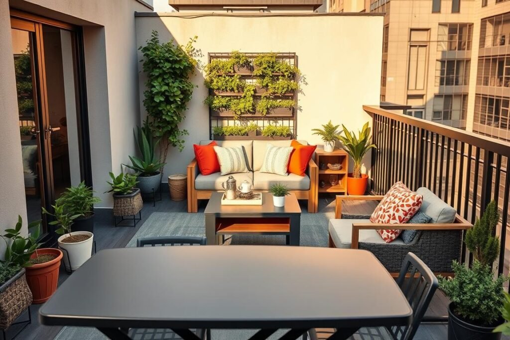 A stylish small balcony featuring multipurpose furniture designed for space efficiency. In the foreground, a sleek, foldable table that doubles as a storage unit, surrounded by compact, stackable chairs. The middle section showcases a compact sofa with built-in shelves, adorned with colorful cushions that add vibrancy. Scattered planters with greenery enhance the cozy atmosphere, and a small vertical garden adds life to the backdrop. The lighting is warm and inviting, simulating late afternoon sun casting gentle shadows. The angle should capture a wide view of the balcony, emphasizing the furniture versatility and the charming outdoor space. The overall mood is serene and inspiring, ideal for transforming small spaces into functional retreats.