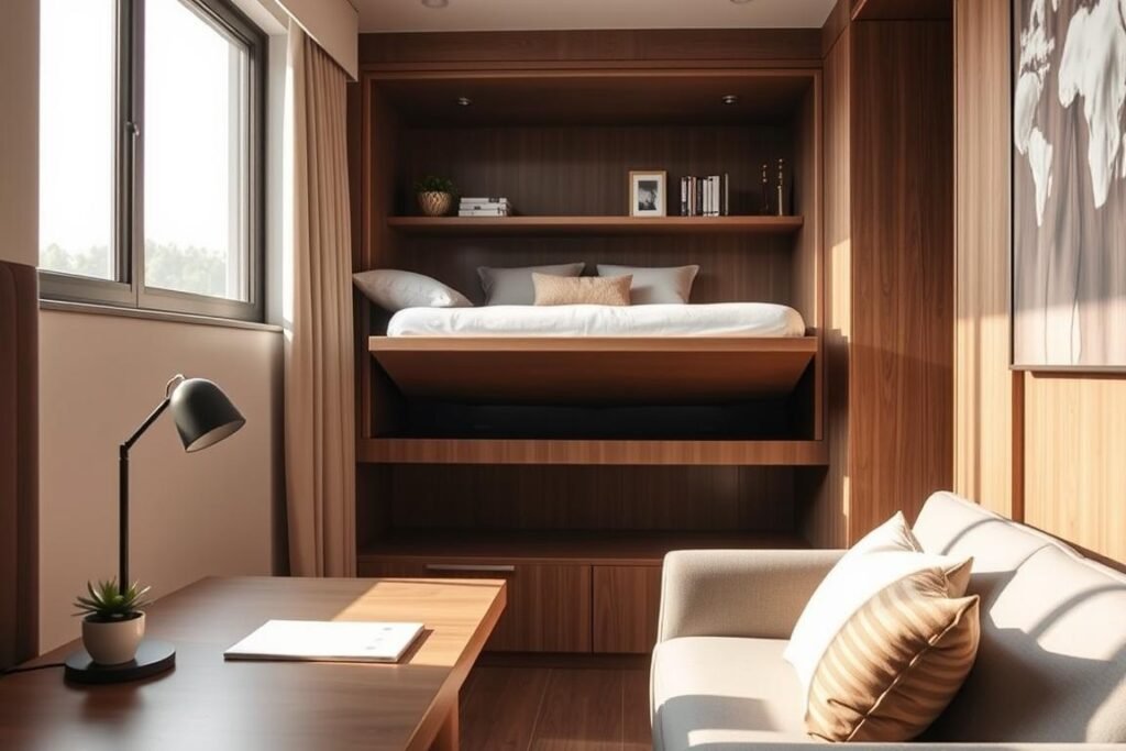 A stylish small bedroom featuring innovative wall-mounted furniture designed for space-saving. In the foreground, showcase a sleek wall-mounted desk with a built-in shelf, adorned with a small potted plant and a stylish lamp. The middle layer includes a minimalist wall-mounted bed that folds up to reveal additional storage underneath, accented with soft cushions in muted tones. In the background, there's a compact shelving unit with decorative items and books, enhancing the cozy atmosphere. Natural light filters in through a large window, creating a warm, inviting mood. The scene is framed at a slight angle, emphasizing the efficient use of space while retaining an elegant, contemporary feel.