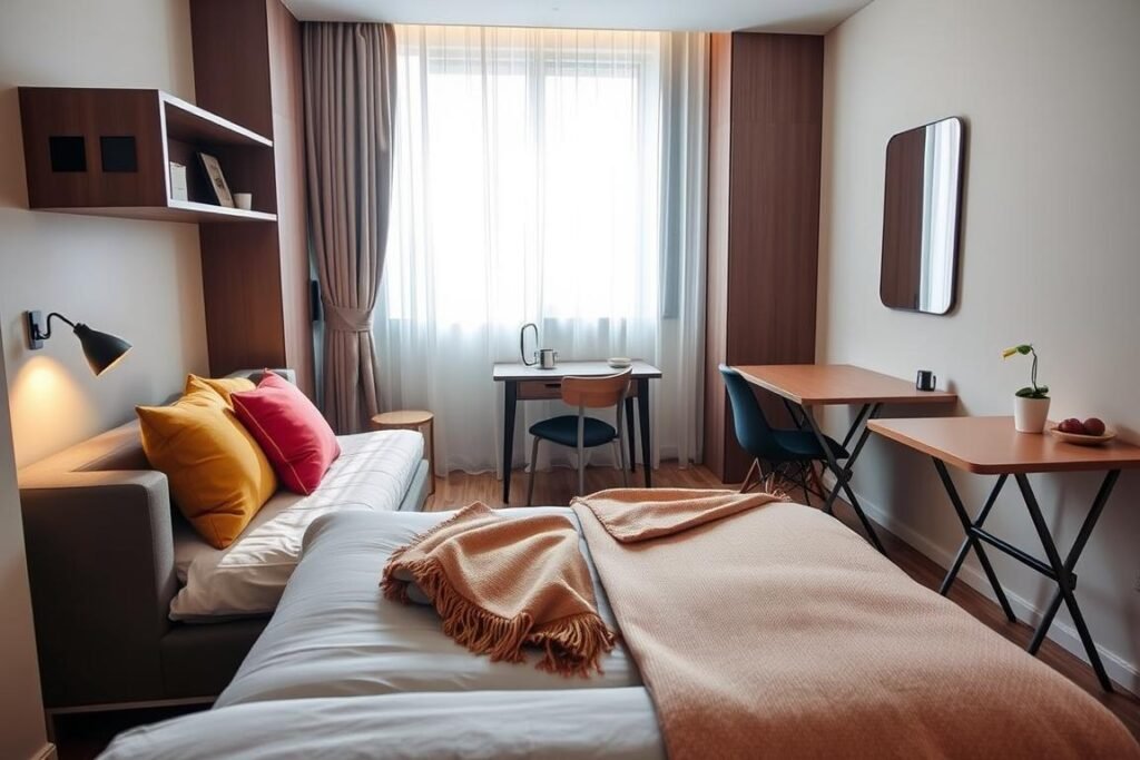 A stylish small bedroom featuring multi-functional furniture that maximizes space. In the foreground, a modern sofa bed that seamlessly transforms into a cozy bed, adorned with vibrant throw pillows and a soft blanket. The middle section showcases a compact desk that doubles as a nightstand, with elegant lighting and a small bookshelf integrated into its design. A folding dining table is pushed against a wall, ready to expand for meals. In the background, light filters in through a window dressed in sheer curtains, illuminating the room with a warm, inviting glow. The walls are painted in soft pastels, creating a calming atmosphere. The perspective is slightly angled, providing a comprehensive view of the cleverly arranged furniture, emphasizing practicality and aesthetic in small living spaces.
