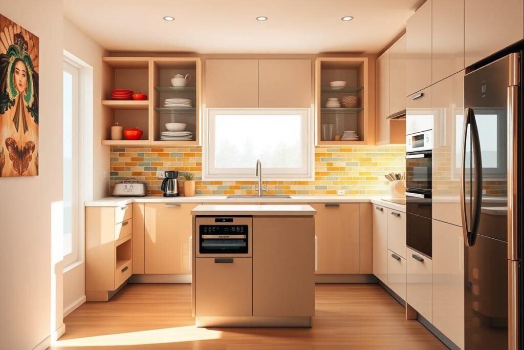 A stylish small kitchen featuring innovative storage solutions. In the foreground, a compact kitchen island with multi-functional features, including hidden shelving and a pull-out table. In the middle, sleek cabinets with a glossy finish, maximizing vertical space with open shelving adorned with colorful kitchenware, and modern appliances seamlessly integrated. The backsplash showcases vibrant tiles that reflect light, creating an illusion of depth. The background presents a bright window allowing natural light to flood in, enhancing the open feel. The lighting is warm and inviting, casting soft shadows. The angle captures a wide perspective of the kitchen, emphasizing its spaciousness despite the small area. The overall mood is contemporary, yet cozy, reflecting efficient design tricks that visually expand the space.