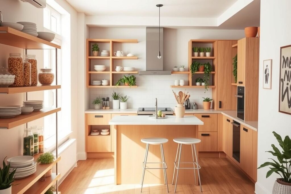 A stylish small kitchen featuring open shelving, creating an airy and spacious feel. In the foreground, bright wood shelves display neatly arranged ceramic dishes, glass jars filled with pasta, and vibrant potted herbs. The middle ground reveals a compact, modern kitchen island with a sleek white countertop and minimalist bar stools. Light pours in from a large window, illuminating the space with a soft glow. The background showcases light-colored cabinets and subtle wall art, enhancing the inviting atmosphere. The overall mood is fresh and contemporary, with a color palette consisting of warm neutrals and splashes of green from the plants. Shot from a slightly elevated angle to capture the layout, creating a sense of depth and brightness.