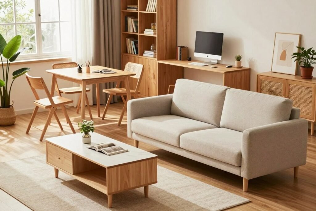 A stylish small living room showcasing innovative space-saving furniture designed for tiny apartments. The foreground features a sleek, multifunctional sofa that converts into a bed, paired with an elegant coffee table that doubles as storage. In the middle ground, a compact dining set with foldable chairs is neatly arranged, emphasizing versatility. The background displays a well-organized bookshelf that includes hidden compartments and a wall-mounted desk for a workspace. Natural light streams in through a large window, creating a warm ambiance, while indoor plants add a touch of greenery. The colors are soft and inviting, with a blend of modern and minimalist design elements contributing to a cozy yet functional atmosphere. The shot is taken from a slightly elevated angle, capturing the depth of the room effectively.